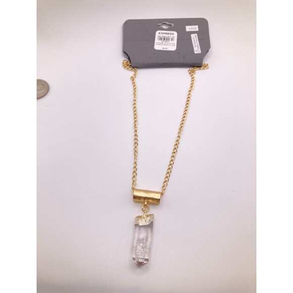 EXPRESS Worn Gold Tone Cloudy Imperfect Translucent Crystal Pendant 16" NEW - Picture 4 of 10